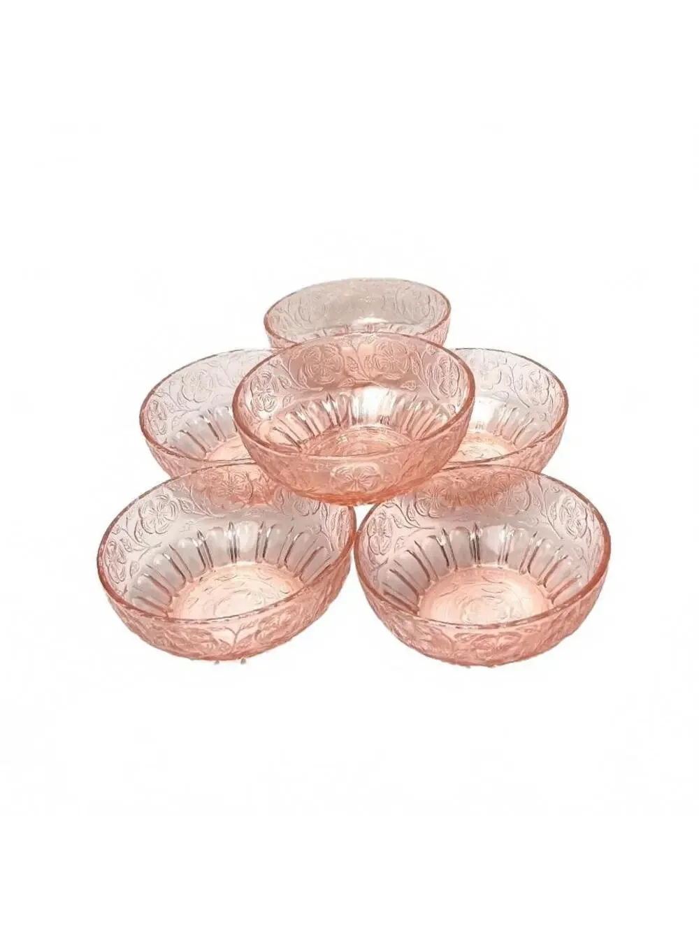 Set of 6 Vintage Pink Depression Glass Bowls with Floral Pattern